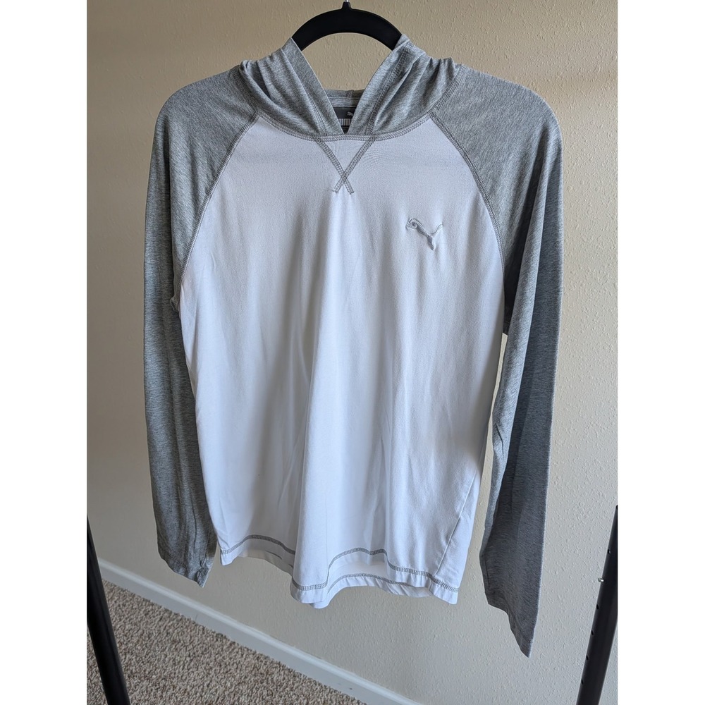 Puma Mens Small Raglan Hoodie Long Sleeve Shirt White Grey Embroidered Logo